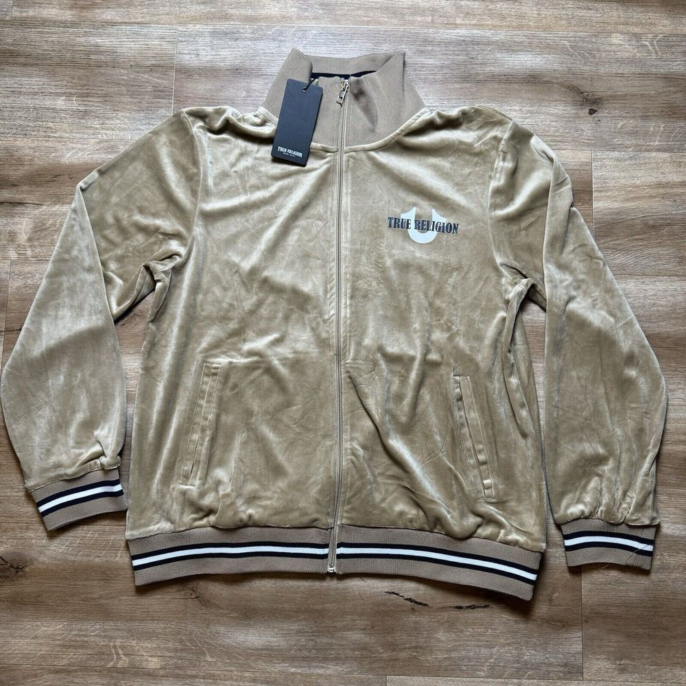 True Religion Tour Jacket Men's Large Tan Track Velour Travertine Full‎ Zip NWT